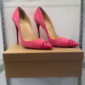 Christian Louboutin Geo Pump high heels, pink suede w/ studded pointy-toe, 39.5